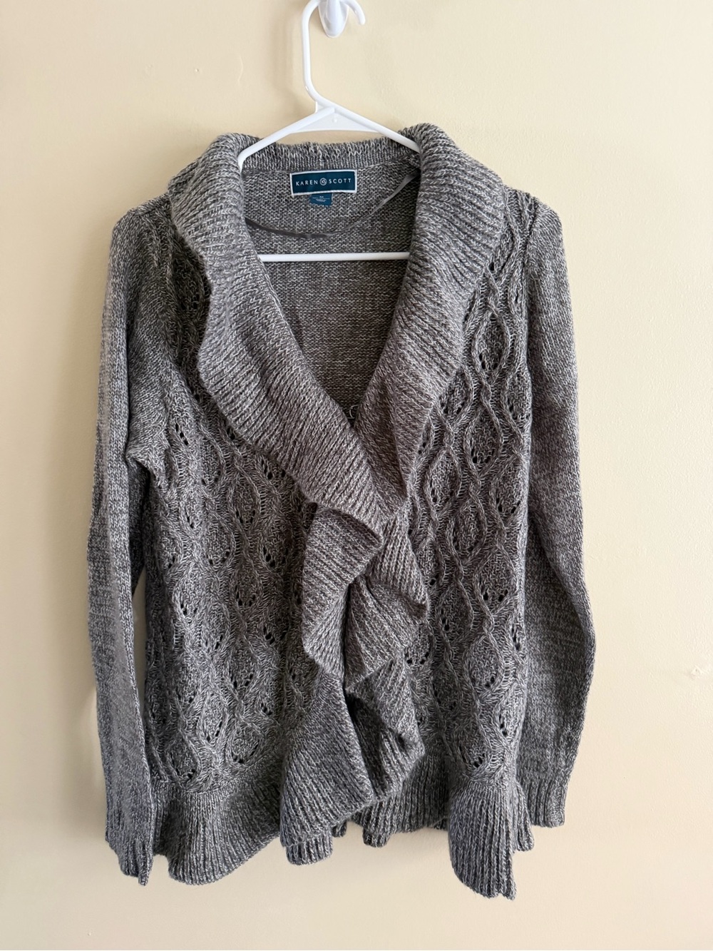 Karen Scott Gray Ruffle Open-Front Cable Cardigan